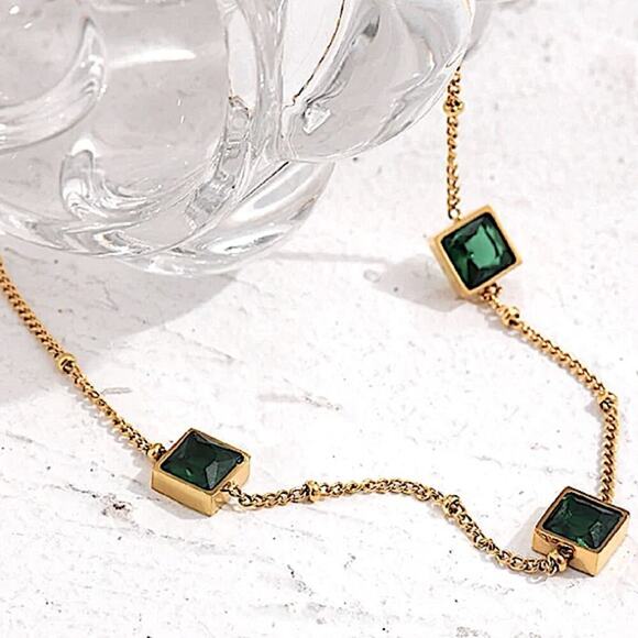 Gold Zircon Emerald Bracelet Chain Link - Picture 9 of 13